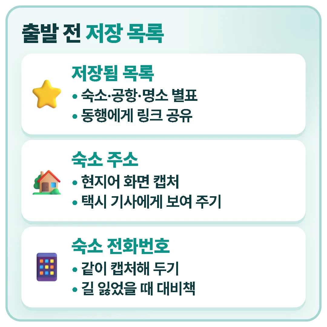 출발 전 숙소·공항·명소를 저장됨 목록에 담고, 숙소의 현지어 주소와 전화번호를 캡처해 둡니다.